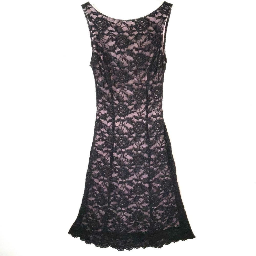 Mica Dress Black‎ Lace Pink Lining Midi Bodycon Stretch Size 2